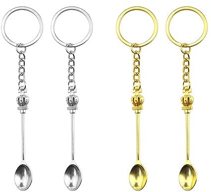 JKJF 4 Pcs Mini Crown Spoon Keychain Teaspoon Pendant Necklace Key Ring Micro Scoops Tableware Charms Pendant Loop for Spices Sand Salts - Gold Silver