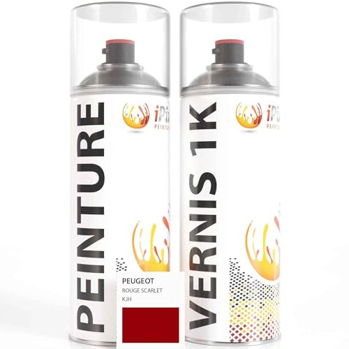 ipixline Kit Retouche Peinture Carrosserie Voiture - Bombe Aérosol Peinture Auto 400 ml, Vernis Brillant 1k 400 ml - Compatible avec Peugeot - Rouge Scarlet KJH