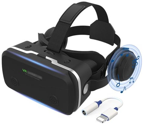 VR Casque Lunettes avec Écouteurs et Manettes, Casque de Réalité Virtuelle Glasses VR Lunettes pour Films 3D Jeux Vidéo Compatible avec Smartphones iPhone Android de 4,7 à 7,2 Pouces pour Adolescents