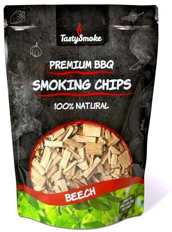 TastySmoke® Trucioli di faggio di alta qualità – 100% legno naturale per aroma intenso di fumo, ideale per barbecue, affumicatore, barbecue, 750 g di legno affumicato per carne, pesce, verdure