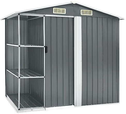 vidaXL - Iron Garden Storage Shed with Rack, 205cm x 130cm x 183cm, Easy to Maintain, Excellent Ventilation, Sliding Door, Light Grey Colour