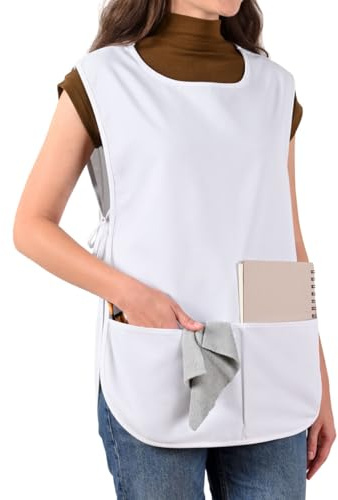 ROTANET Cobbler Apron for Women Men with 2 Pockets Waterproof Art Smock Aprons for Painting Hairstylist Cleaning Adults White