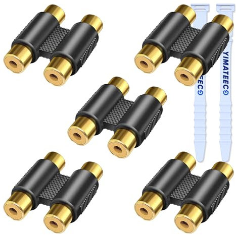 YIMATEECO RCA Coupler, 5Pcs Double RCA Phono Coupler 2 Female to 2 Female Coupler Connector Audio Extension Adapter for Subwoofer, Speaker, AMP, MP3, Receiver (Coupler Adapter, 5Pcs)