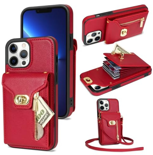 GoodcAcy Crossbody Wallet Case for iPhone 13 Pro with Lanyard Strap Card Slot Holder [RFID Blocking] 360° Kickstand,Magnetic Flip Folio Zipper Purse Case, PU Leather Cover Handbag,Red