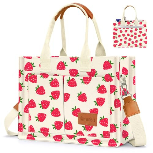 Canvas-Tragetasche für Damen mit Taschen, Umhängetasche, Schulterhandtaschen, lässige Arbeitstasche, alles, Erdbeere, Canvas-Tragetaschen