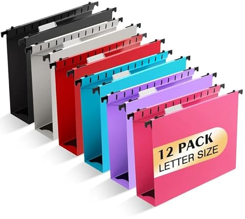 Extra Capacity Plastic Hanging File Folder, 12 Pack Reinforced Hang Folders Letter Size, Heavy Duty 2 Inch Expansion Filing Cabinet Folders for Bulk Files, Medical Charts, Assorted Colors