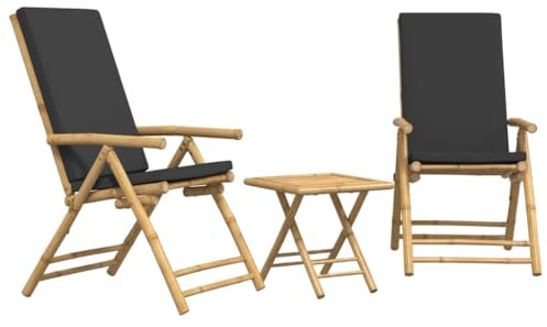 vidaXL Bistroset 3-TLG., Balkonmöbel Klappbar mit Dunkelgrauen Kissen, Bistrotisch Klapptisch 2 Klappstühle, Gartenmöbel Garnitur Balkonset Sitzgruppe, Bambus