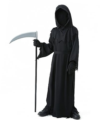 RAISEVERN Ghastly Ghoul Boys Cool Funny Kids Halloween Girls Creepy Grim Reaper Childrens Scary Guys Junior Party Black Costume Gifts, 12-14 Years