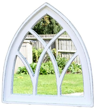 Darthome Decorative Arched Mirror, Wooden Framed, White Gothic Arch, Garden Wall Decor