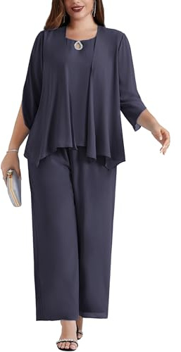 Hanna Nikole Conjunto de traje de noche de gasa para mujer, tallas grandes, para cóctel, fiesta, festivo, elegante, conjunto de 3 piezas, camiseta y traje de pantalón de cintura alta, Lila gris., 50