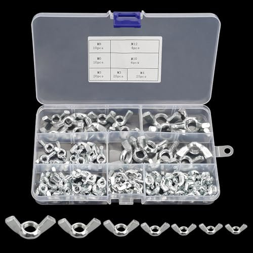 Kit di 100 Dado a Farfalla, Dadi in Acciaio Inox, Set Dadi M3 M4 M5 M6 M8 M10 M12, Dado a Galletto Inox, Dado Fissaggio Strumenti Hardware Dadi Acciaio Inox per Macchinari, Mobili, Apparecchiature