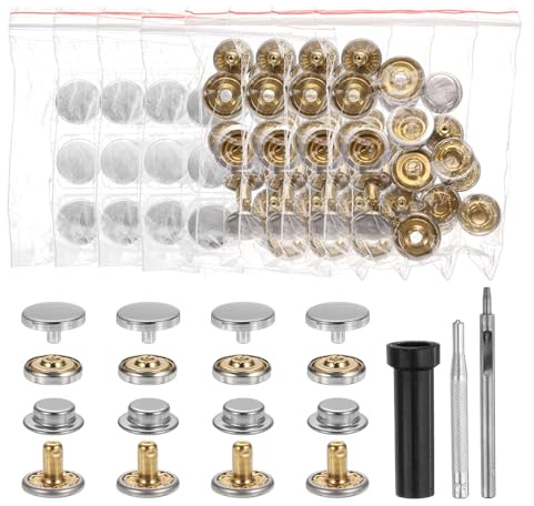 sourcing map 24 Set Leather Snap Fasteners Kit 10mm Metal Snap Button Press Studs Leather Rivets Snaps with 3 Setter Tools for Clothes Jackets Jeans Wears, Silver Tone
