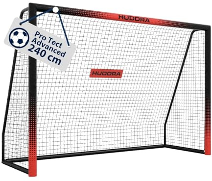 HUDORA Porta da calcio Pro Tect 240 Advanced – Porta da esterno con rete e rivestimento per bambini/adulti – Facile da montare in giardino – Porta con chiusure a strappo e cerniere – Nero