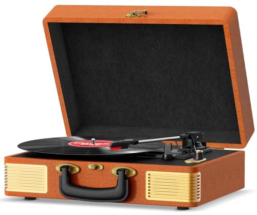 FYDEE Platine Vinyles, Tourne-Disque Bluetooth 5.4 avec Enceintes Stéréo Intégrées, Lecteur Vinyle Rétro Portable en Valise 3 Vitesses Sortie RCA Idée Cadeau pour Maison et Fête Marron