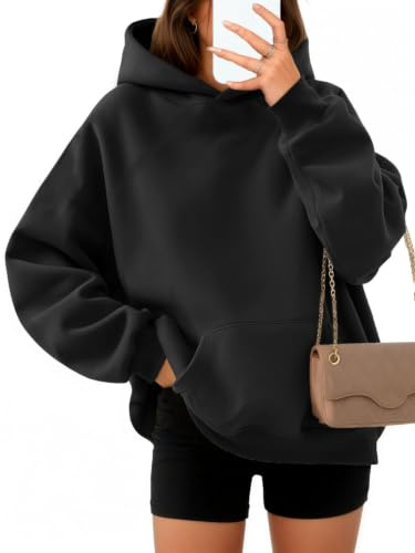 Timuspo huvtröja dam oversize bekväm bomullströja casual huvtröja enfärgad basic huva långärmad tröja med huva mode toppar höst, svart, S