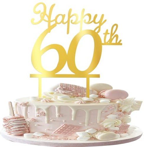 Xsstarmi 3 Pack Happy 60th Birthday Cake Topper Gold Mirrored Acrylic Cake Pick for Cheers to 60 Fabulous Birthday Anniversary Celebrations Party Cake Decorations Supplies