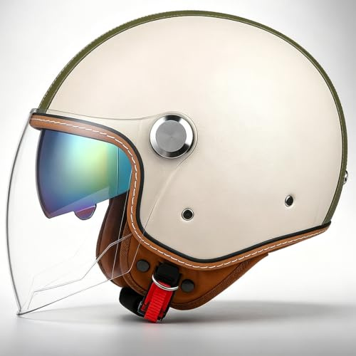 Retro Jethelm 3/4 mit Doppelvisier, Motorradhelm DOT/ECE Zertifiziert für Herren und Damen - Ideal für Moped, Mofa, Scooter und Roller, Halbschalenhelm