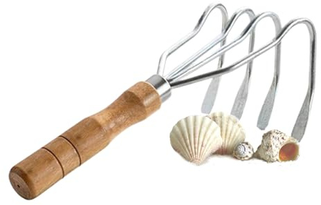 Râteau À Main,Grattoir À Palourdes De Plage avec Manche en Bois | 4 Dents Résistant Portable pour Rochers, Plage, Camping, Jardin, Pelouse, Lac et Étang