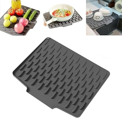 Abtropfmatte Geschirr, 2025 Auslaufsicherer Arbeitsplattenschutz Aus Silikon mit Effektiver Wasserumleitung und Rutschfestem Design, Abtropfmatte Spüle für Küchenspüle (Black, L)