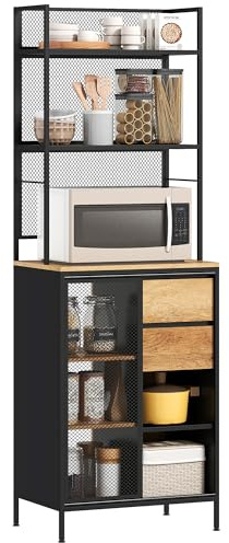 HOMCOM Buffet Cuisine, Meuble Micro Onde, Porte coulissante en Maille, tiroirs et étagères Ouvertes, Meuble de Rangement Industriel, 60x40x180cm, Bois Naturel et Noir