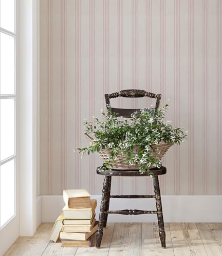 RollsRolla Pink and Beige Striped Peel and Stick Wallpaper, Cottage Farmhouse Style Self-Adhesive for Bathroom, Laundry Room, Girls Room and Bedroom, Made from Fabric Material Works on Textured Walls