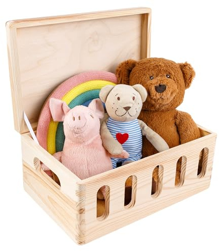 Creative Deco Large Plain Wooden Storage Box | 30 x 20 x 14 cm (+/-1 cm) | with Cut Slots & Hinged Lid | Unpainted Gift Easter Box | ROUGH & UNSANDED Wood Keepsake Memory Craft Chest