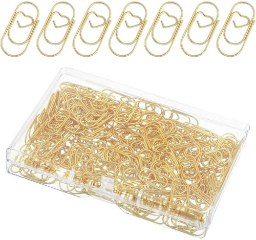 Kjzeex 200 Stück Büroklammern Set Büroklammern Herz Gold, mit Transparentbox, Büroklammern Herz, Klein Büroklammer Oval Motiv für Hochzeits-Einladungen, Büroorganisation & Scrapbooking