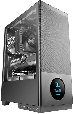 Tacens SAGITTA20, ATX PC-Gehäuse, LED-Bildschirm mit Echtzeit-Temperaturen, 3X 120mm Lüfter, Seitliches Gehärtetes Glas, Front Mesh Metall Staubschutz, CableHatch, USB-C, Schwarz