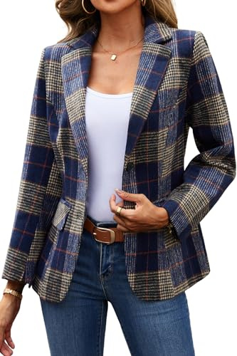 ELLEVEN Womens Casual Plaid Blazer Lapel Collar Double Button Long Sleeve Boyfriend Blazer Suit Houndstooth Plaid Blazer Jacket Business Work Office Blazer Suits Navy Blue Plaid X-Small