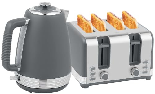 HOMCOM Stainless Steel Kettle and Toaster Set 1.7L 3000W Jug Kettle Grey | Rapid Boil, UK Strix Thermostat, Limescale Filter, 4 Slice Toaster, 7 Browning Controls, Crumb Tray