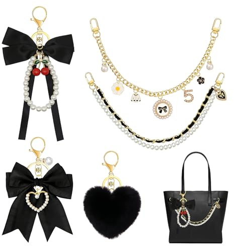 Ensemble de 5 breloques noires pour sac à main, accessoires avec chaîne de perles et chaîne dorée pour sac de plage Yeti Camino Tote | Comprend un porte-clés nœud et un pompon en fourrure, breloques