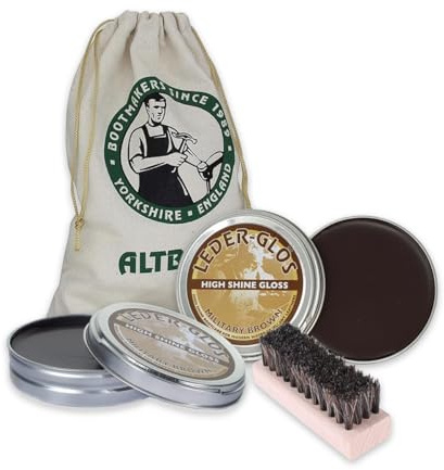 Brown Leder Glos Polish Kit – Boot Care with High Shine, Waterproofing MOD Brown Shoe Polish (×2), Applicator Brush, Drawstring Storage Bag – Restores Shine, Protects & Revives Leather Boots & Shoes