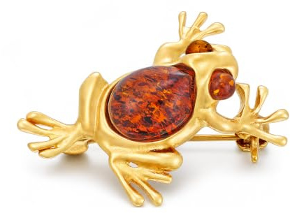AMBEDORA Broche grenouille M1 plaqué or avec ambre - Argent sterling 925 - Ambre naturelle de la mer Baltique cognac