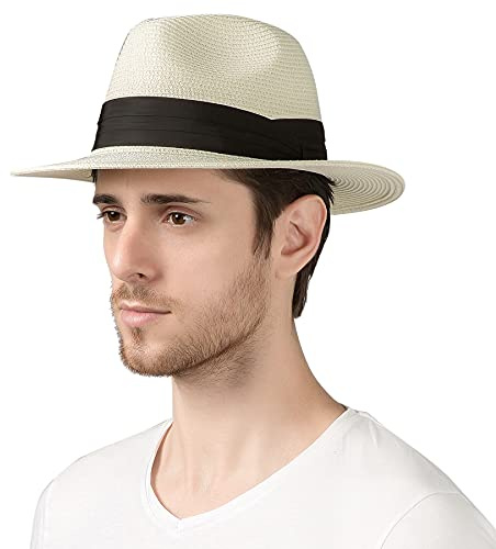 Lanzom Summer Beach Sun Hats for Men Women Foldable Travel Packable Staw Hat, Wide Brim Hat (Style B-Ivory White, Medium Size:Fit for 22.5-23)