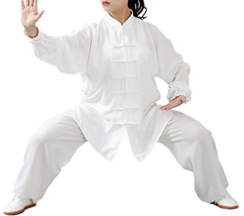 FUYUFU Tai Chi Outfit In Cotton And Linen Unisex Martial Arts Clothing Kung Fu Costume For Man And Woman (a set) (White/Long sleeve, L)