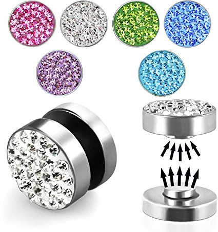 Treuheld® | Silberner Magnet Fake Plug/magnetischer Ohrstecker mit klaren Kristallen | Chirurgenstahl | 8mm | Damen, Kinder + Jugendliche