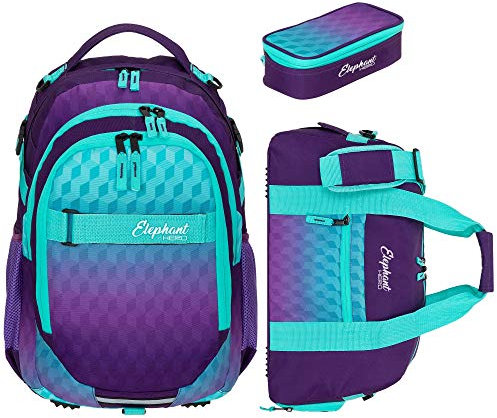 Elephant 3 Teile Set Schulrucksack Hero Signature Rucksack + Sporttasche + Mäppchen 12609 (Violet Cube (Lila-Türkis))