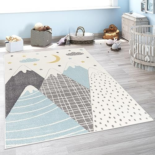 Paco Home Teppich Kinderzimmer Kinderteppich Spielteppich Junge Mädchen Kurzflor Modern Berge Sterne Wolken Pink, Grösse:200 cm Rund