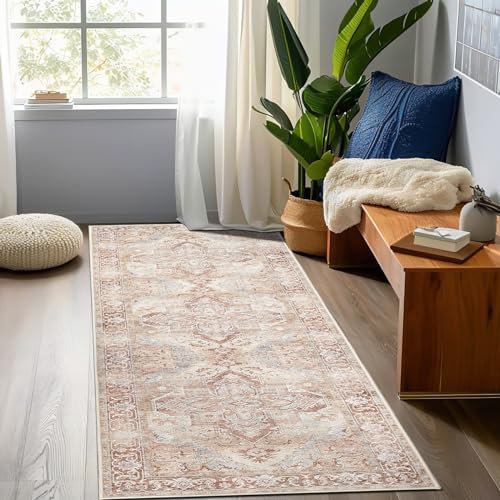 TOPICK Läufer Flur Waschbar Ziegelrot Küche Läufer Vintage Blume Orientalischer Dünner Faltbar Teppich für Brücken Schlafzimmer Wohnzimmer Tisch rutschfest Teppichläufer Flurteppich 60x300cm