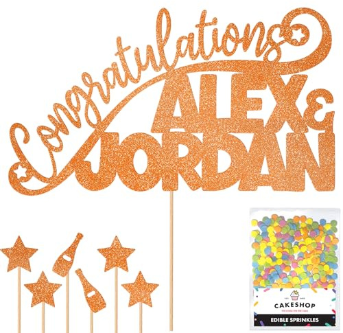 Personalised Congratulations Celebration Glitter Cake Topper - Copper Orange Any Name(s) Cake Decoration and Sprinkles - Any Occasion Party Decorations - Personalised Toppers for Cakes by Cakeshop