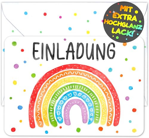 VULAVA 12x Regenbogen EINLADUNGSKARTEN KINDERGEBURTSTAG Mädchen Junge + Umschläge - die Rainbow PARTY Karten sind die Regenbogen EINLADUNG für Mädchen Kinder GEBURTSTAG Einladung KONFETTI