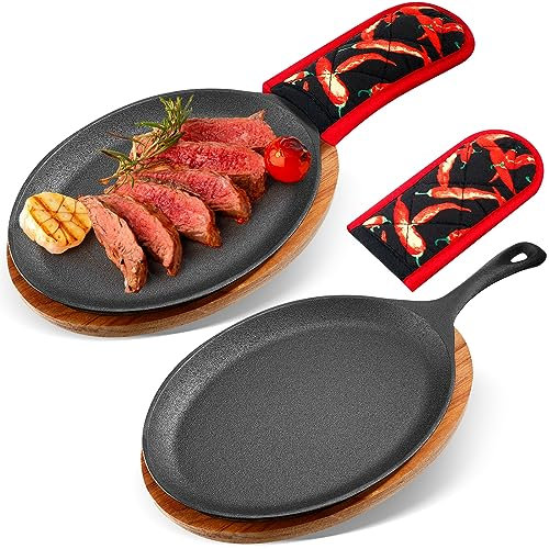 Lallisa Juego de 2 platos de hierro fundido para fajita, sartén con bandeja de madera, protección antiquemaduras, guante caliente, juego de sartenes de hierro fundido para el hogar, barbacoa, cocina,