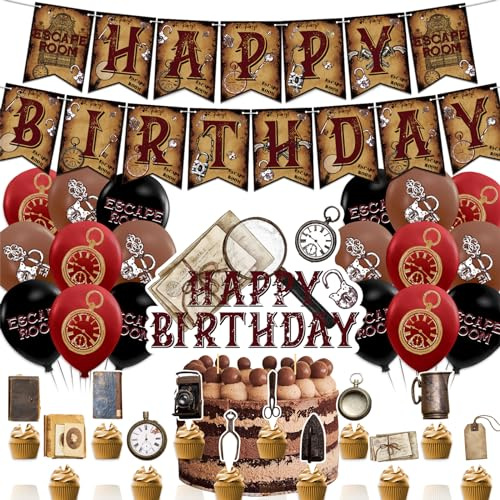 POMNUG Escape Room Party-Dekorationen enthalten Escape Room Happy Birthday Banner Cake Topper Cupcake Toppers Luftballons für Escape Room Geburtstagsparty Supplies, POMNUG1