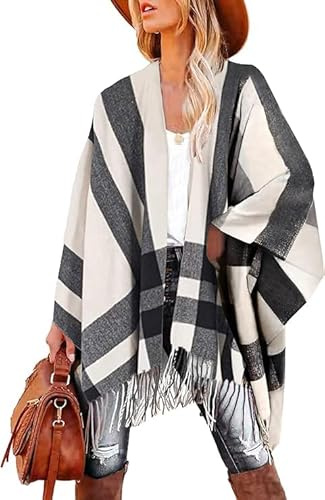 breezy lane Maglione poncho da donna a quadri avvolgente oversize aperto davanti lavorato a maglia mantello con nappe cardigan per autunno inverno vacanze, Beige Nero a quadri, Taglia unica