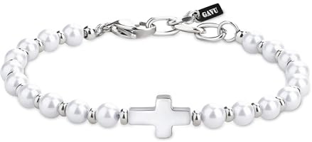 GAVU Pulsera de Perlas de Concha para Hombre con Cruz Religiosa, Regalo de Confirmación para Hombre