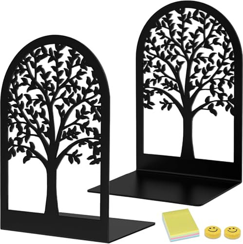 Qualsen 2 Stück Metall-Schwarz Buchstütze, Baumdesign Buchstütze， Buchstützen mit rutschfeste，Dekorative Buchstützen， Bücherstütze für Schule Zuhause Büro， Schulbedarf
