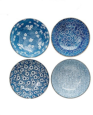 OqcEha Ramen bowl,Pasta bowls set， 9-inch ceramic noodle soup bowl, (4 Piece) Stackable Japanese underglaze Home Ramen Bowl for Cereal, Rice, Udon