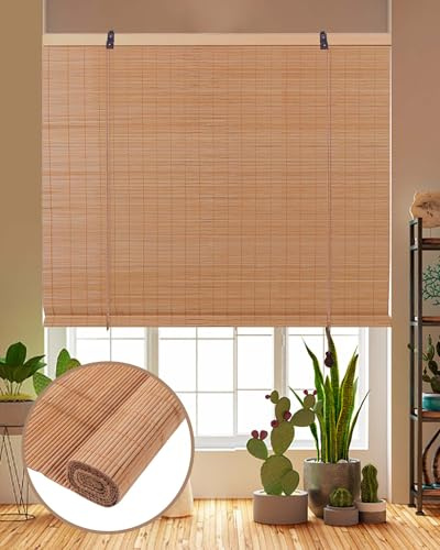 Foundgo Bamboo Shades 24 W x 64 H Light Filtering Bamboo Blinds for Indoor Windows/Outdoor Patio,Retro Bamboo Roll Up Shades,Bamboo Roller Curtains for Interior Windows, Doorways, Outdoor Patio