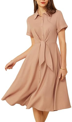 GRACE KARIN Damen Lässig Leicht Blusenkleid mit Bindegürtel Kurzarm Knopfleiste Freizeitkleid Sommer Midikleid Helltaupe M
