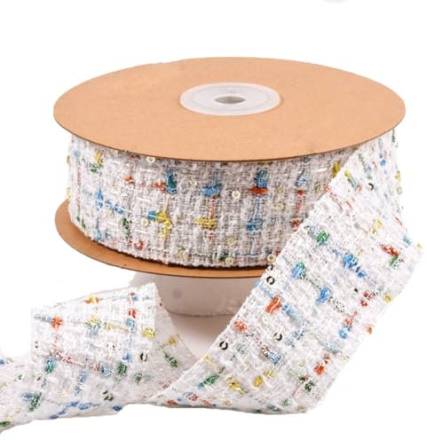 Yurosiay 10Yard Kariertes Band Breit Vintage Kariert Schleifenband Französischer Stil Dekoband Kariert Bunt Stoff Geschenkband Mit Pailletten Karoband Zierband für DIY Basteln Nähen Weiße 2.5cm